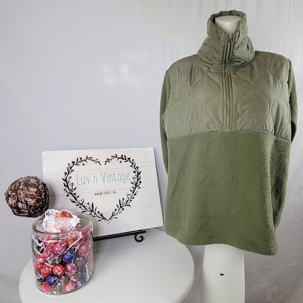 Como Blu Olive Green Mixed Media Quilted Sherpa Half Zip Pullover Jacket Size XL